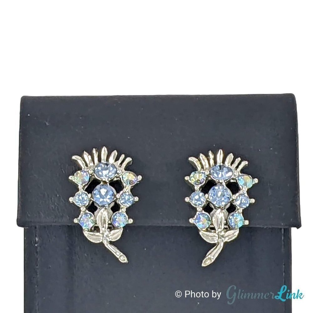 Vintage Blue Rhinestones Floral Bouquet Silver Tone Mid-Century Clip On Earrings
